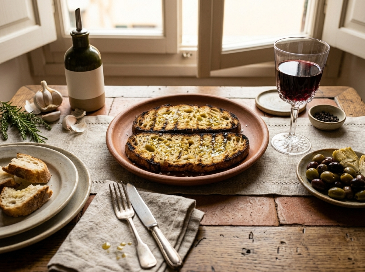 Two slices of fettunta toscana on a linen-covered board with a small jug of olive oil and a glass of Chianti