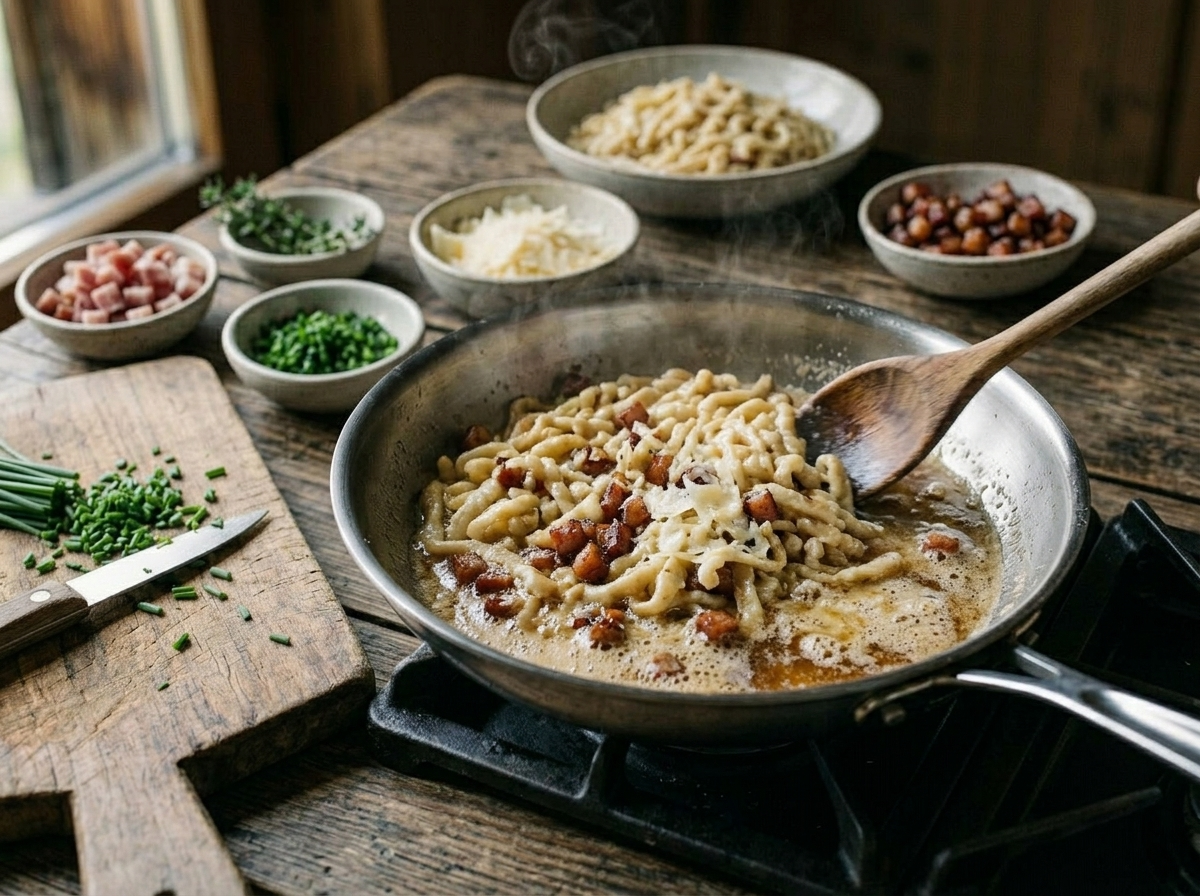 Homemade Spätzle tossing in brown butter in a stainless skillet on a dark marble stovetop