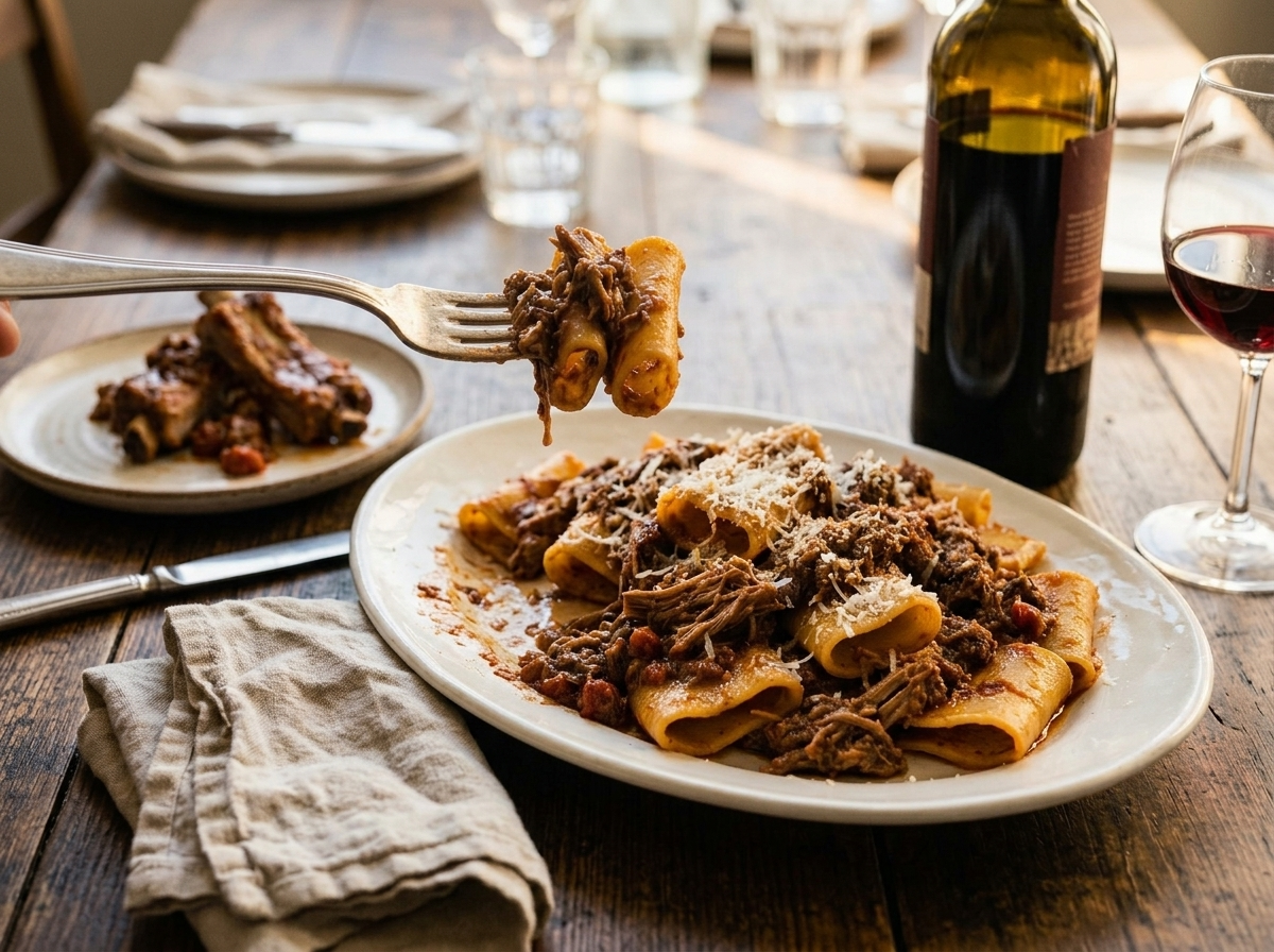 Plated paccheri with Neapolitan ragù on a rustic table alongside braised pork ribs and a glass of red wine