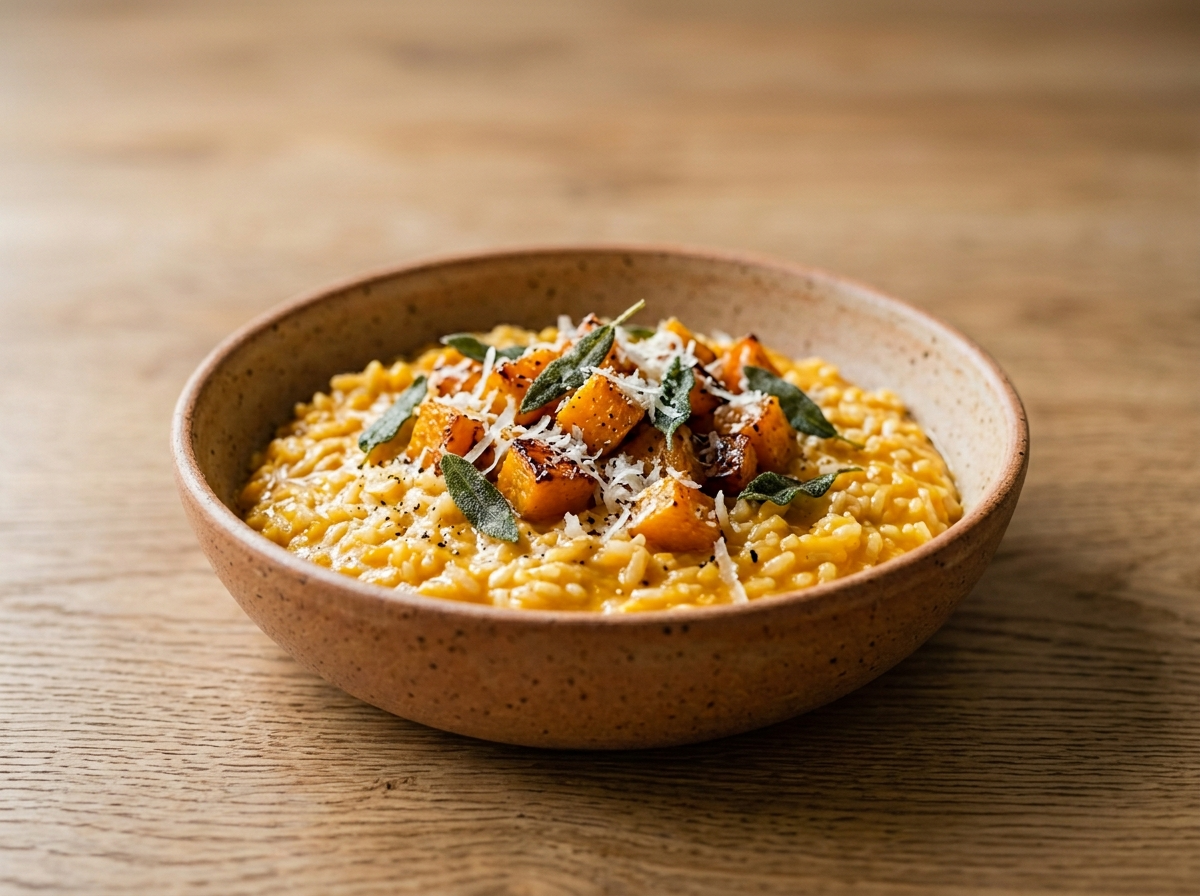 Bowl of Italian autumn pumpkin risotto topped with roasted butternut squash and crispy sage on a wood table