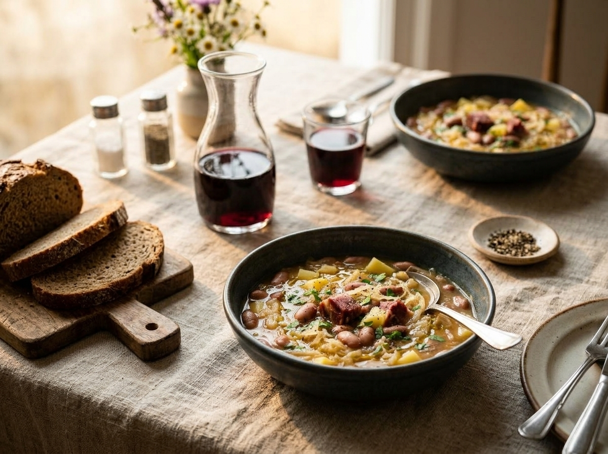 Two bowls of jota soup served with rye bread and a glass of red wine on a linen tablecloth