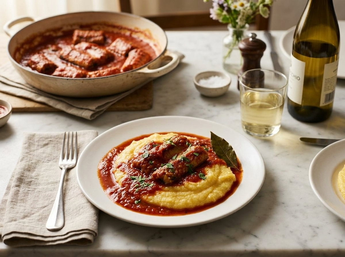 Plated anguilla in umido over soft polenta with tomato sauce and chopped parsley on a marble table