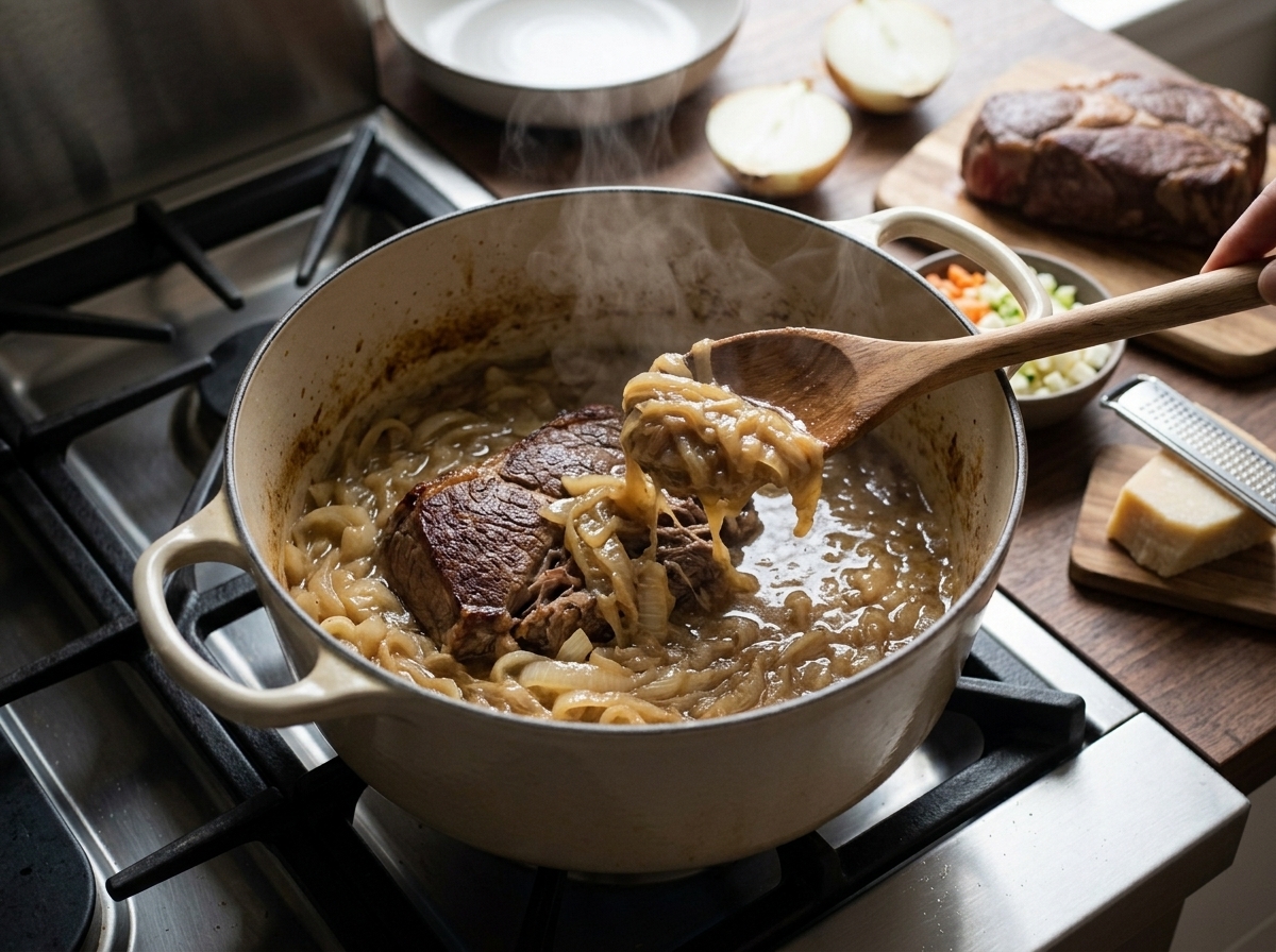 Collapsed golden onions and braised beef chuck in a Dutch oven, mid-stir showing the thick Genovese sauce texture