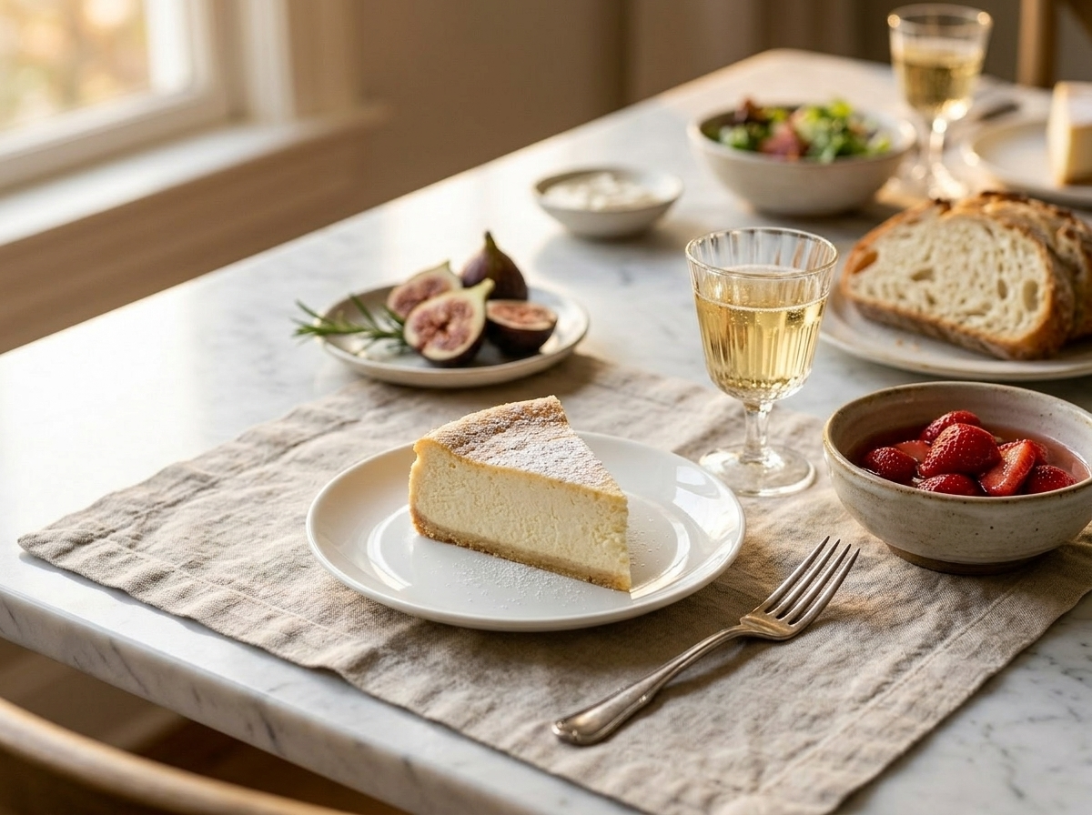 Single slice of Italian ricotta cheesecake on a white plate with fresh strawberries and a glass of Moscato