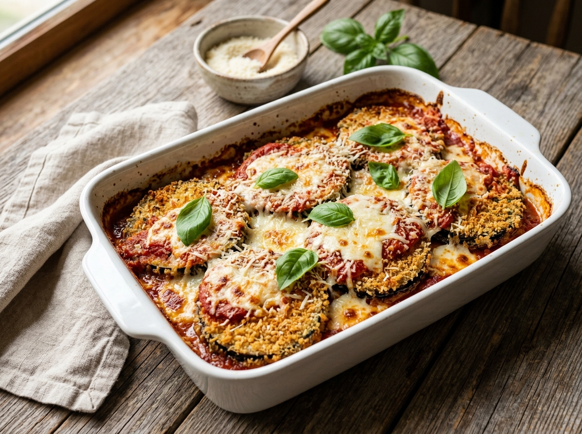 Baked eggplant parmesan in a white dish with golden panko crust, melted mozzarella, and fresh basil leaves
