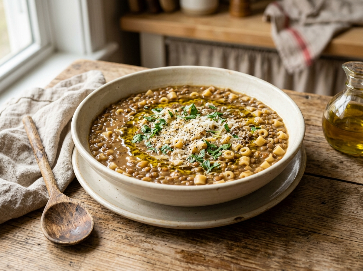 A bowl of pasta e lenticchie with ditalini pasta, brown lentils, olive oil drizzle, and grated Pecorino Romano on a wooden table.