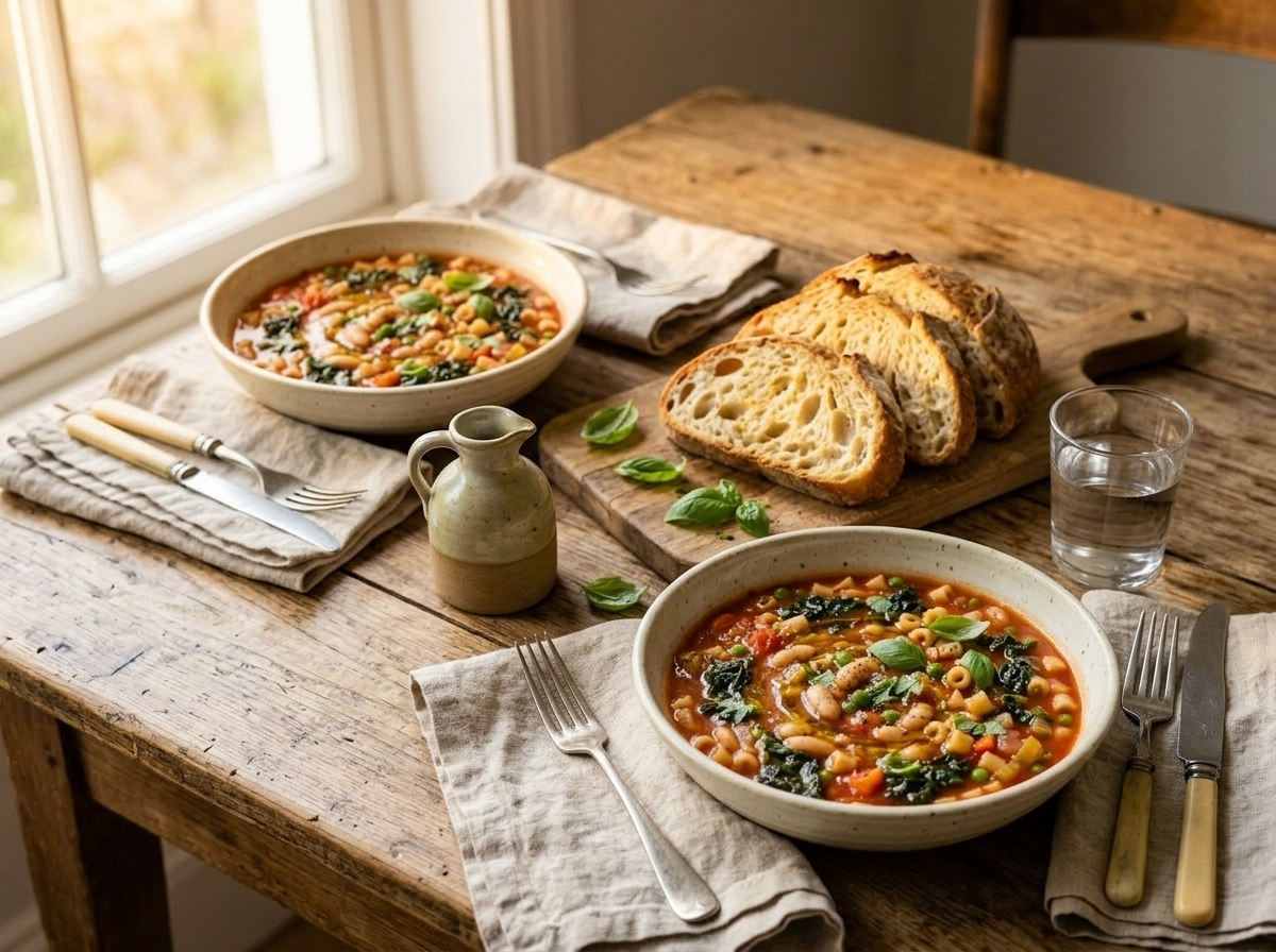 Two bowls of vegan minestrone soup served with sourdough bread and olive oil on a linen-covered table