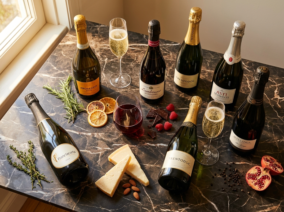 Six bottles of Italian sparkling wine including Franciacorta, Prosecco Superiore, and Lambrusco on marble with poured glasses