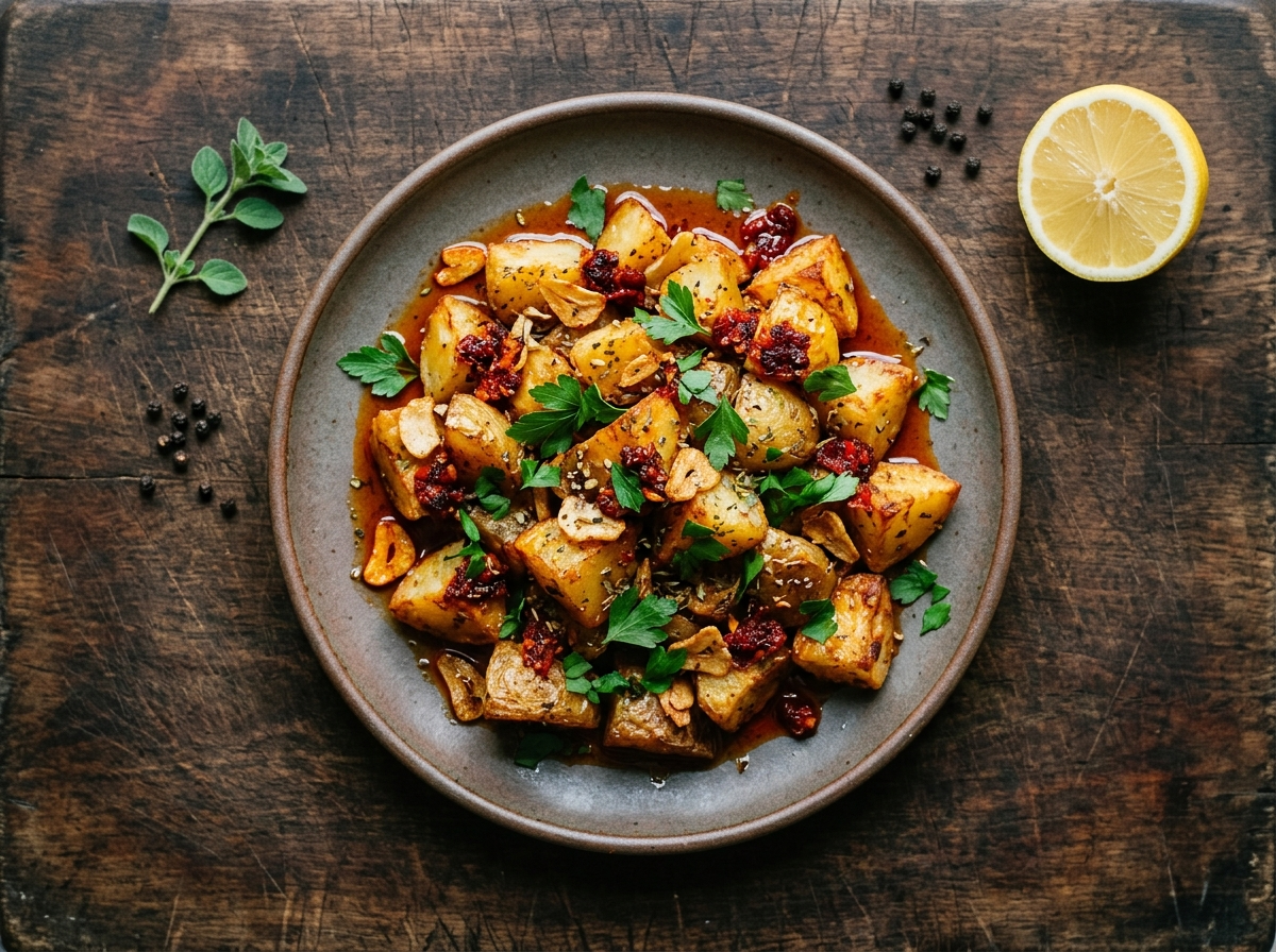 Crispy Calabrian spicy roasted potatoes with chili oil, garlic, and oregano on a rustic ceramic plate