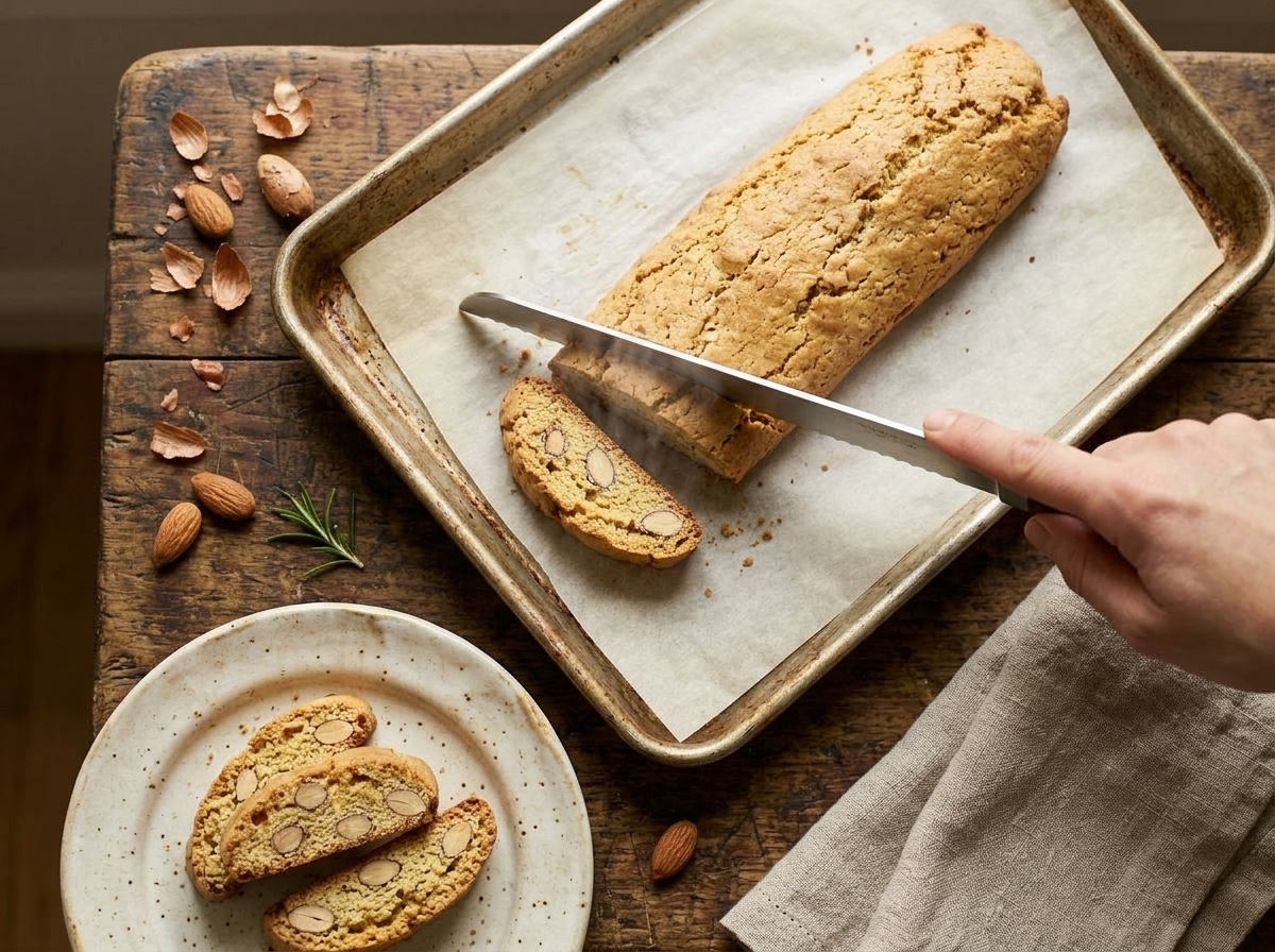 Warm cantucci log being sliced diagonally on a parchment-lined sheet pan showing embedded whole almonds in cross-section