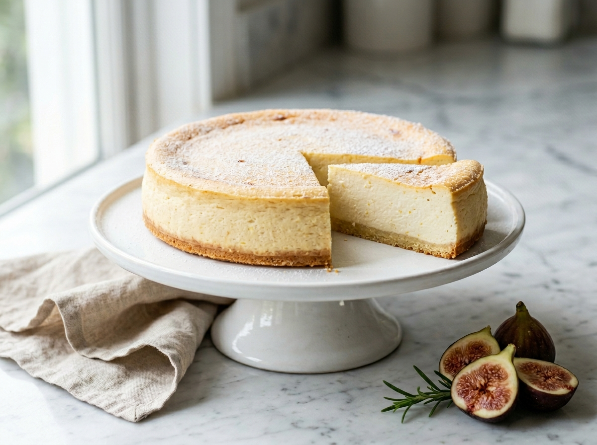 Whole light Italian ricotta cheesecake on a cake stand with icing sugar, one slice cut to show silky pale filling