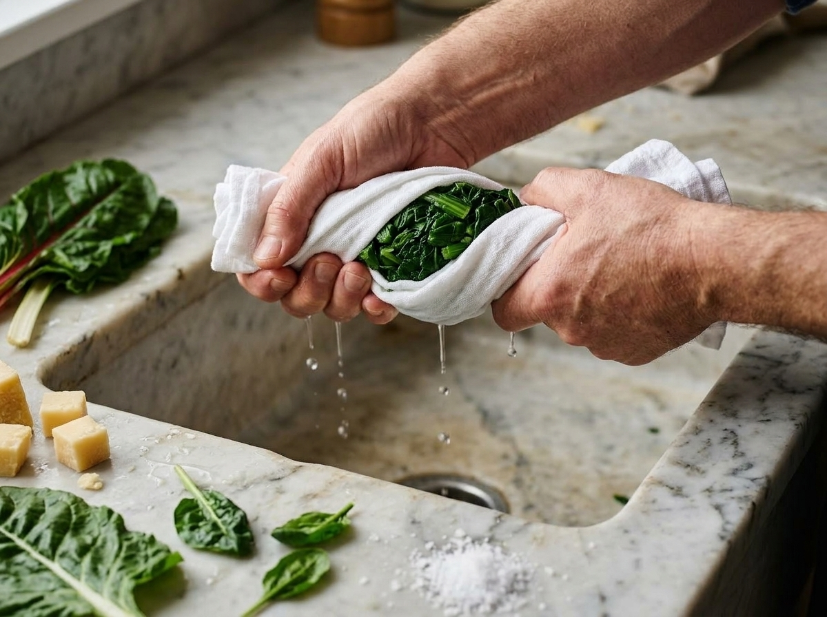 Hands squeezing blanched chard and spinach dry in a white kitchen towel over a marble counter