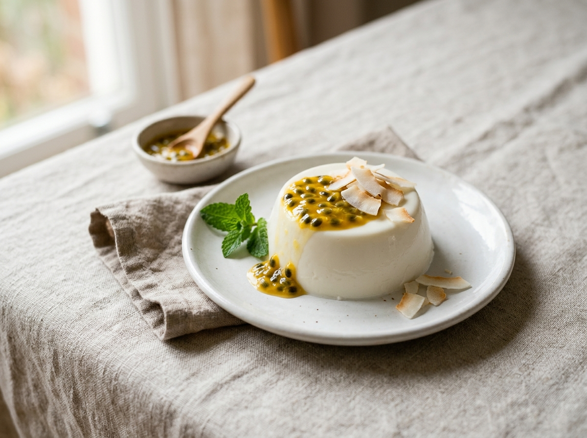 Four unmolded vegan coconut milk panna cottas topped with passion fruit pulp and toasted coconut flakes on white plates