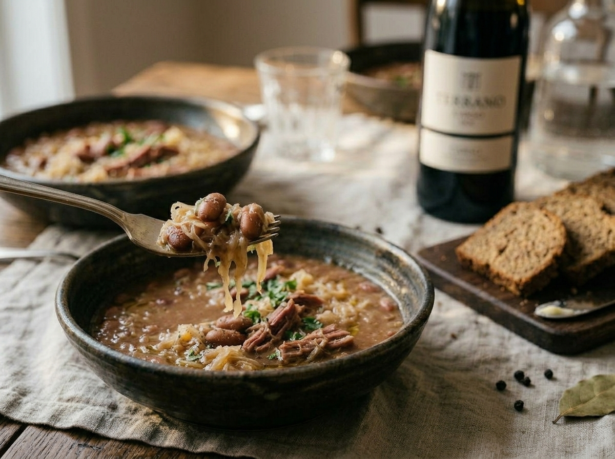 Two bowls of jota triestina on a linen-covered table alongside rye bread and a bottle of Terrano red wine