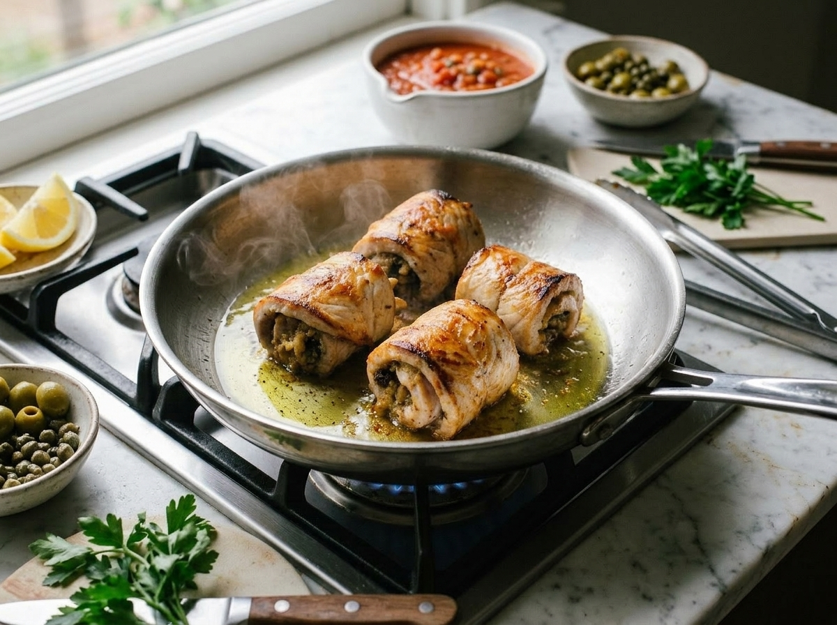 Swordfish involtini searing seam-side down in a hot skillet with olive oil and golden crust forming