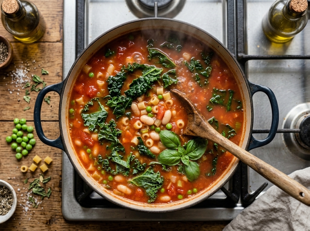 Stirring torn kale leaves into simmering Italian minestrone broth in a Dutch oven on the stovetop