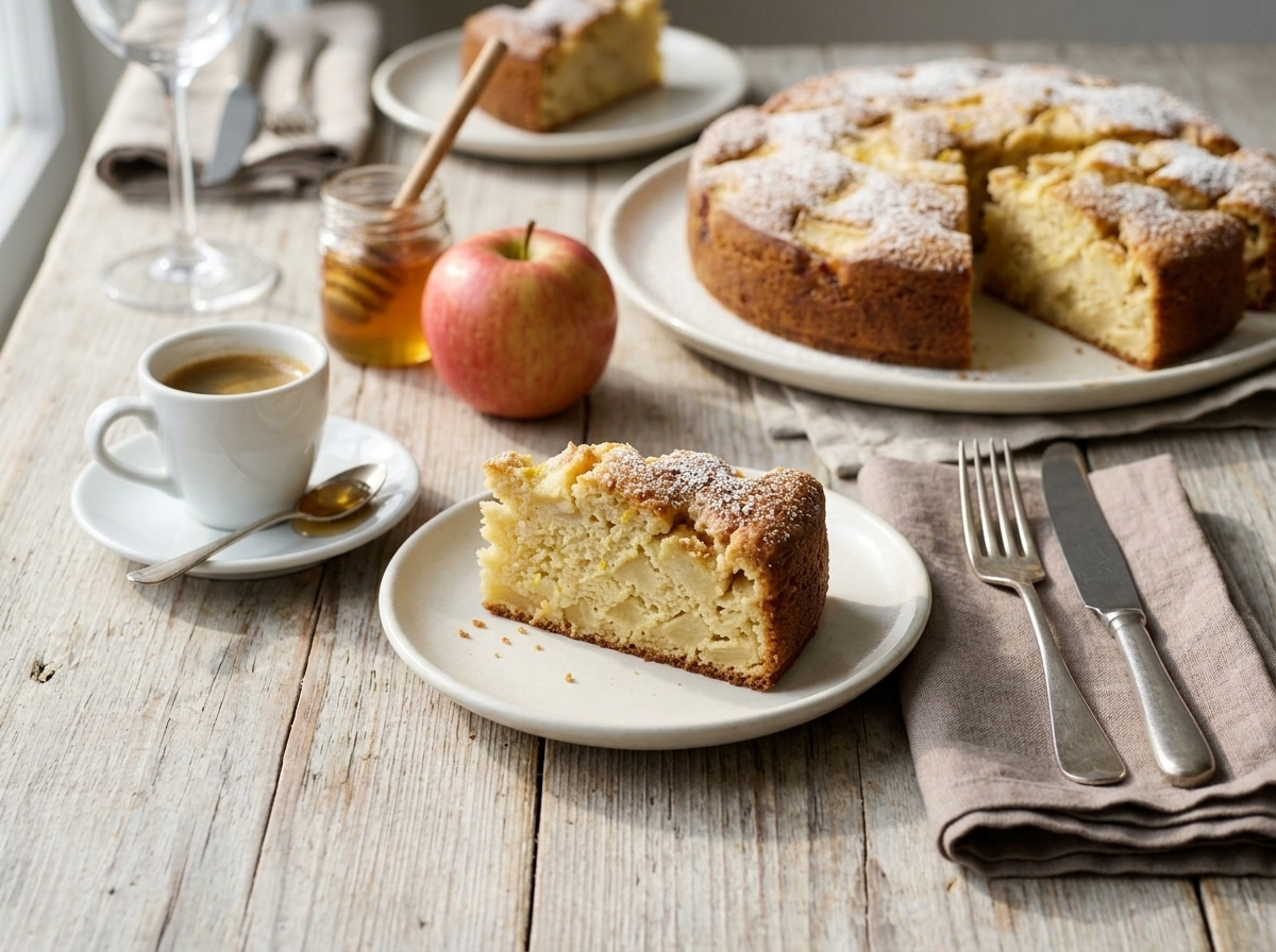 Single slice of Italian apple ricotta cake on a white plate beside an espresso cup on a linen napkin