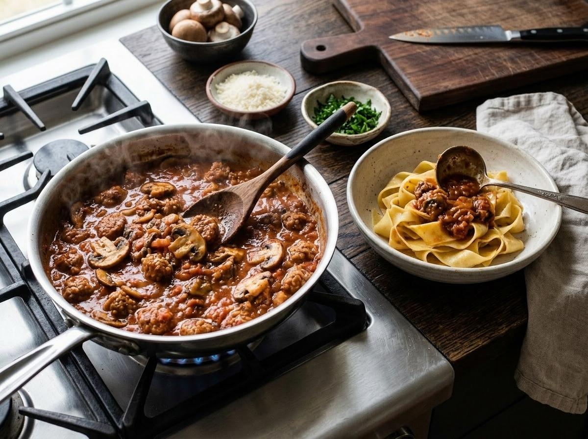 Boscaiola sauce simmering in a skillet with sausage chunks, cremini mushrooms, and rich tomato-cream base