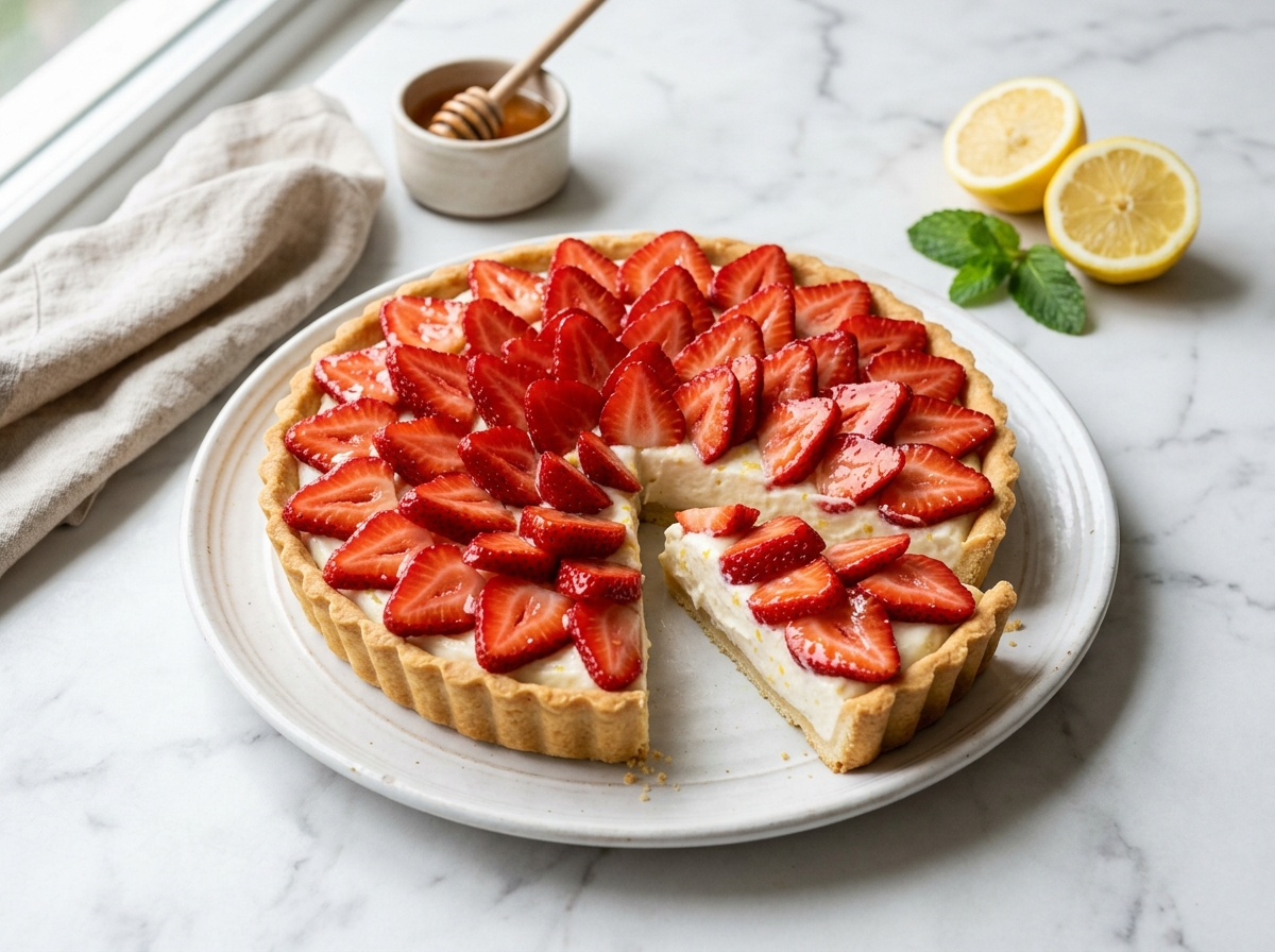 Strawberry ricotta tart with golden shortcrust pastry and glossy sliced strawberry topping on white plate