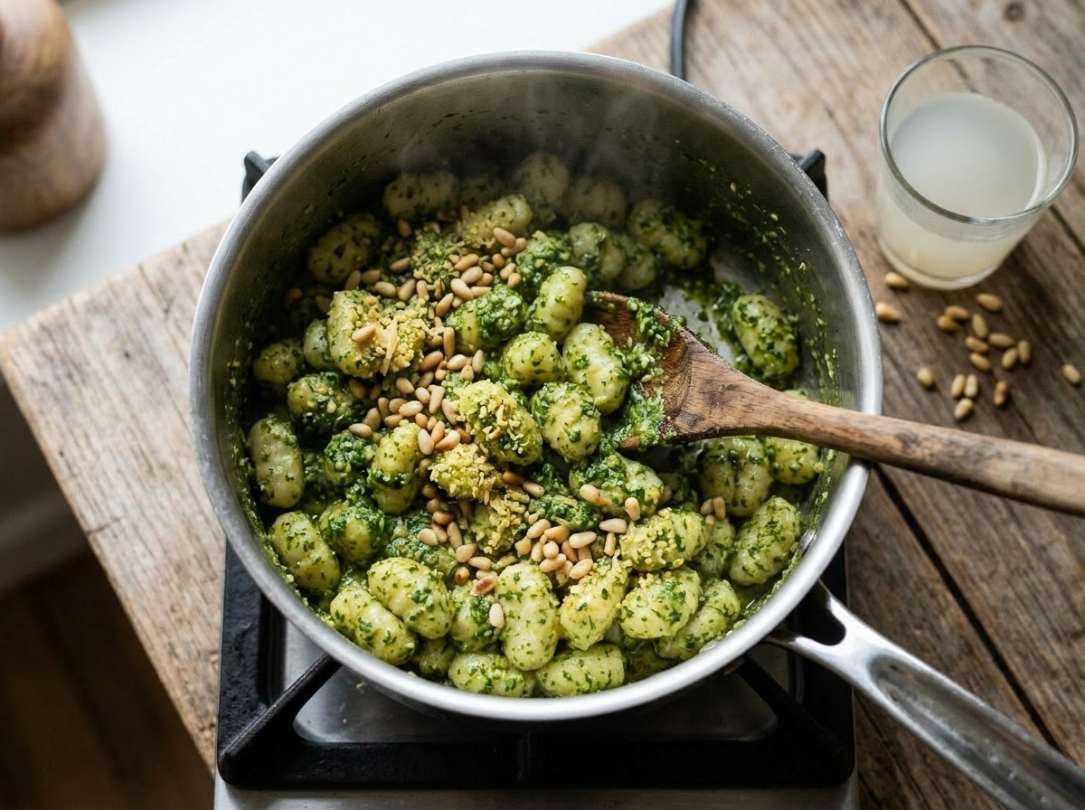 Wooden spoon tossing potato gnocchi in bright green dairy-free basil pesto in a large pot