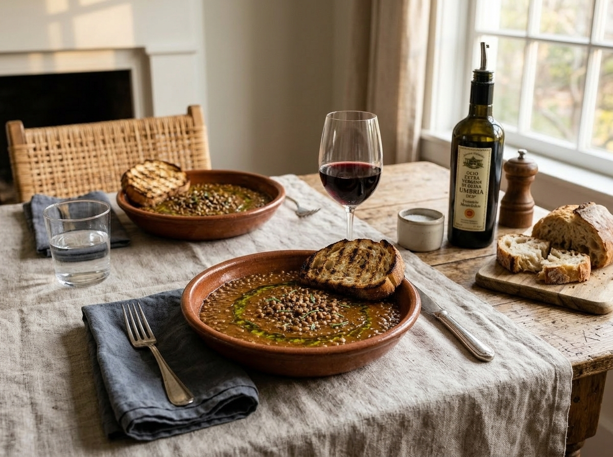 Two bowls of Umbrian lentil stew served with rustic bread, olive oil, and a glass of red wine on a linen tablecloth