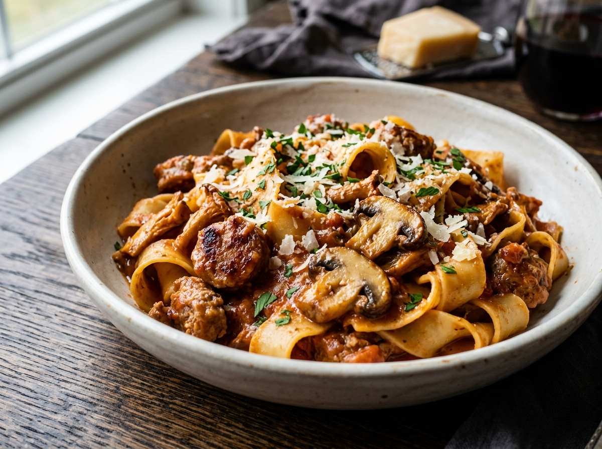 Bowl of pasta alla boscaiola with Italian sausage, cremini mushrooms, and tomato-cream sauce on a dark wood table