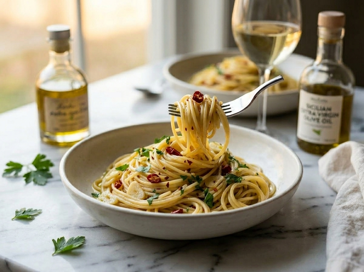 Two bowls of spaghetti aglio olio e peperoncino on marble with olive oil bottle and white wine glass