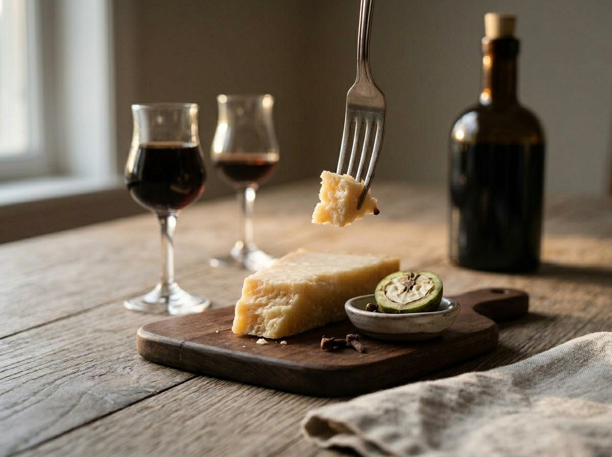 Two glasses of dark Nocino liqueur served with aged Parmigiano-Reggiano on a rustic Italian dining table