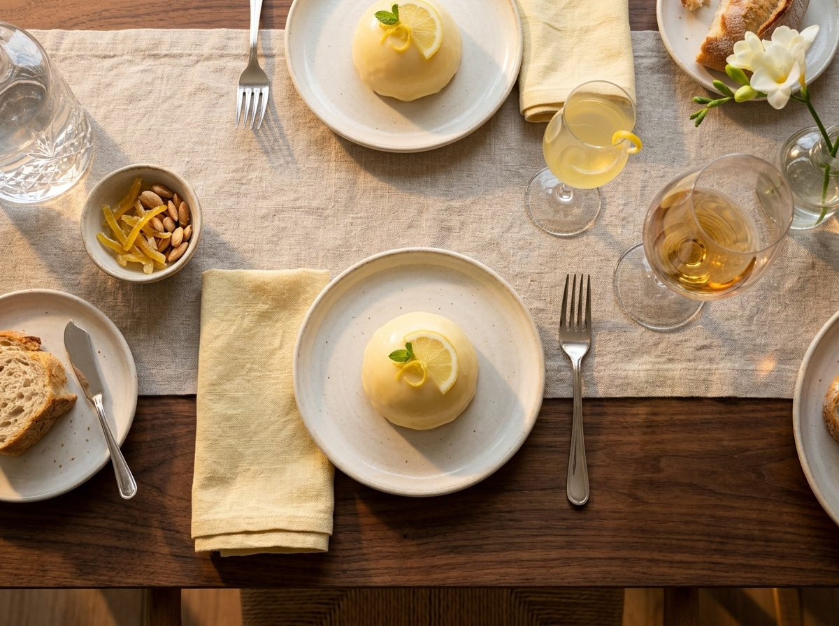 Two plated delizia al limone domes with a small glass of limoncello on a walnut table in warm afternoon light