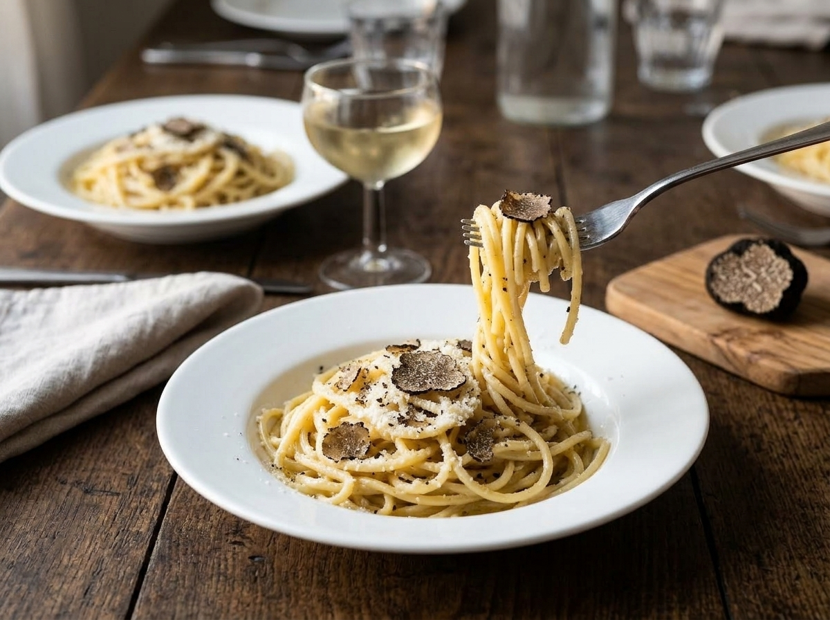 Two bowls of black truffle pasta on an oak dining table with a glass of white wine alongside