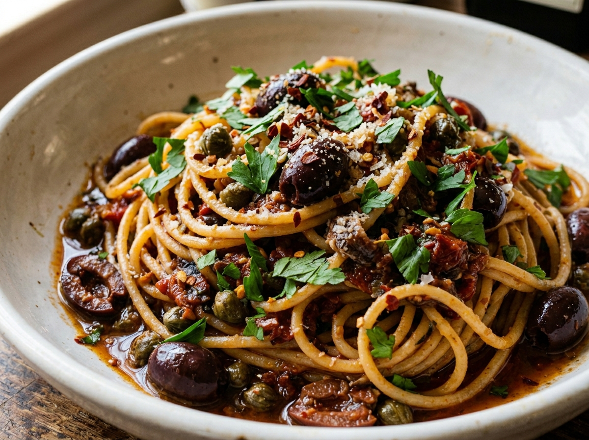 Bowl of spaghetti alla puttanesca with glossy tomato sauce, olives, capers, and parsley on a wooden table