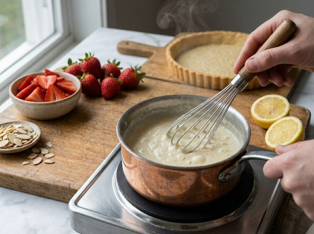 Whipped ricotta filling being spread into a blind-baked pasta frolla shell with an offset spatula