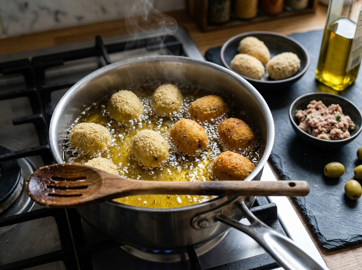 Olive ascolane frying in hot oil in a deep saucepan, pale golden crust forming around the stuffed olives