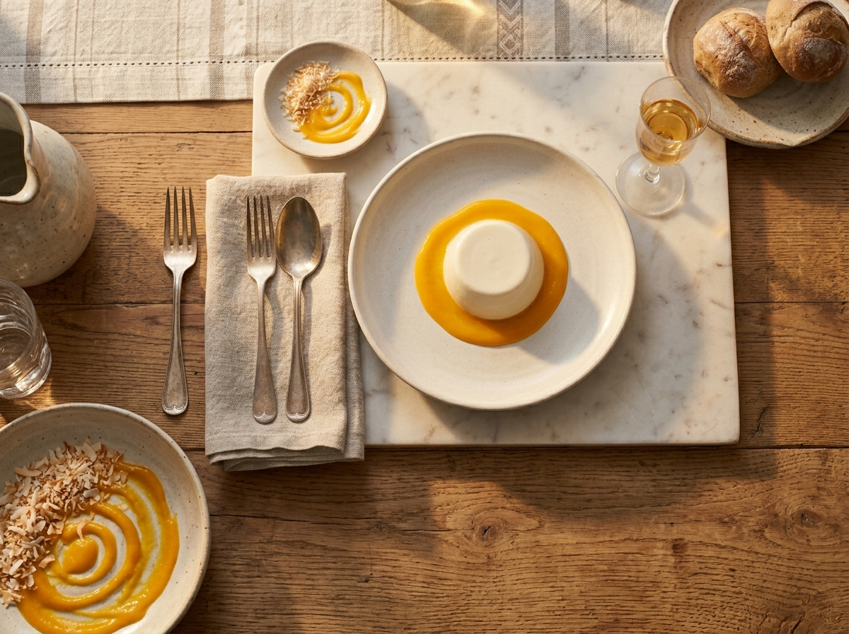 Single coconut milk panna cotta unmolded on a ceramic plate with mango coulis and a linen napkin