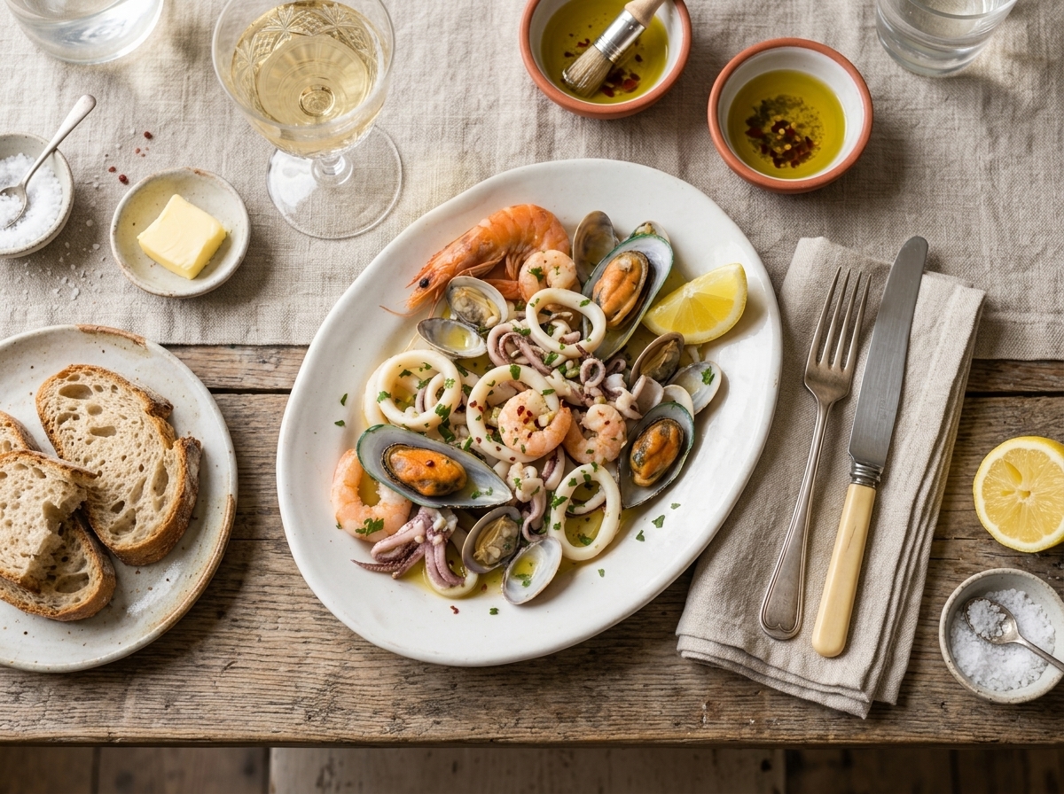 Insalata di mare served on a white plate with lemon and a glass of white wine on a rustic wooden table