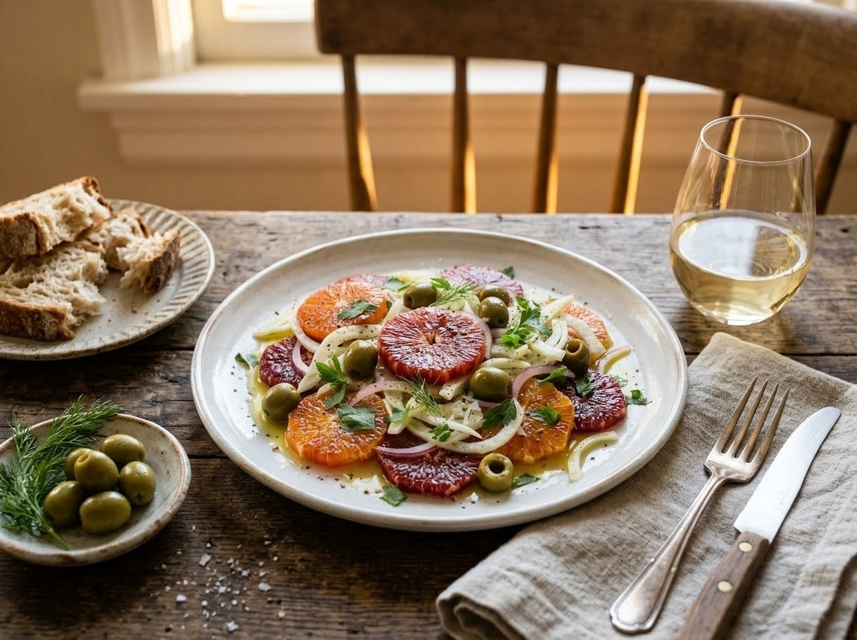 Plated Sicilian orange and fennel salad on a linen table with a glass of white wine and a small dish of olives