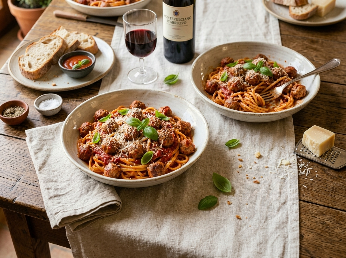 Two plates of chitarra pasta with tiny pork and veal meatballs served on a linen table with Pecorino and red wine