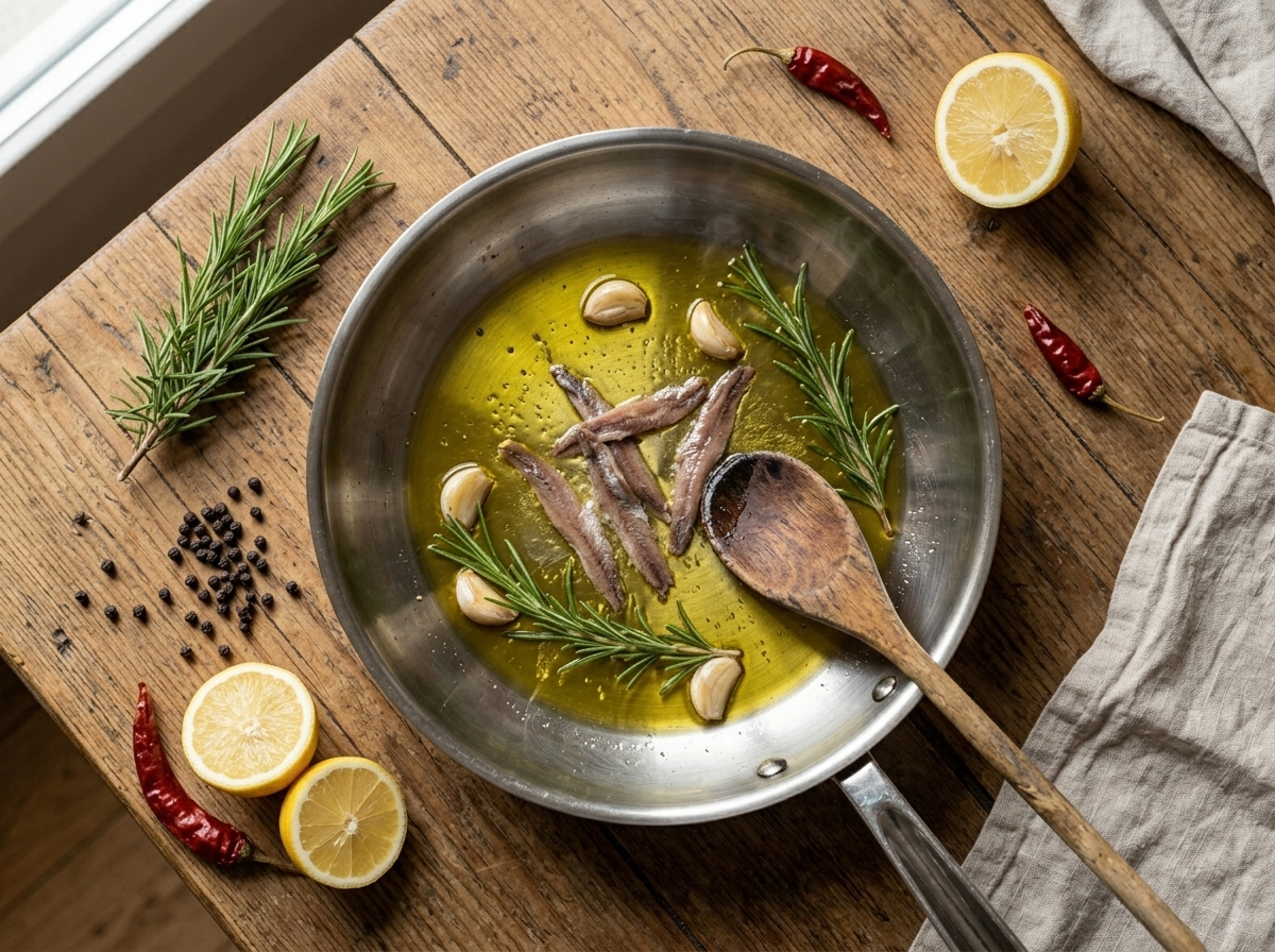 Anchovy fillets dissolving in olive oil with garlic and rosemary for abbacchio alla cacciatora braising base