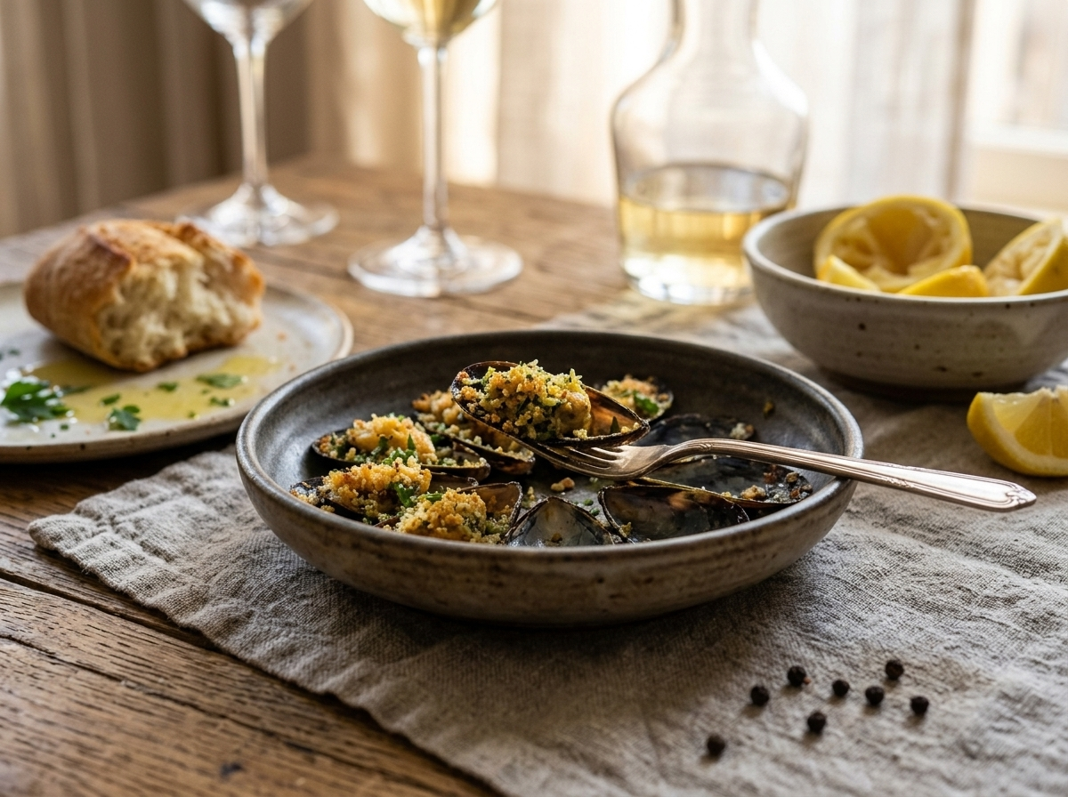 Cozze gratinate served on a linen-covered wooden table with white wine and crusty bread for a casual Italian antipasto