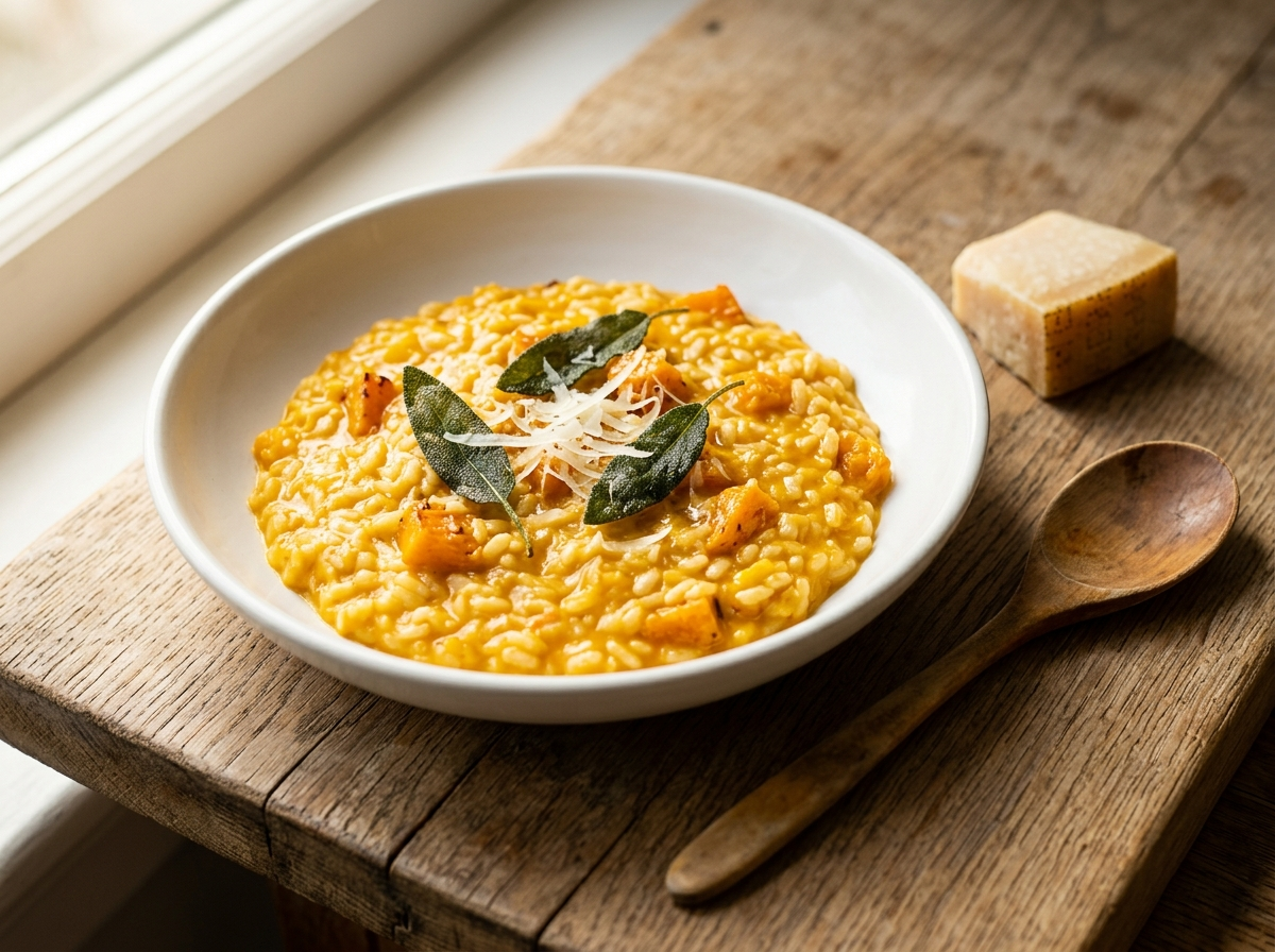 Shallow bowl of risotto alla zucca with vivid orange color, crispy sage leaves, and shaved Parmigiano on an oak board