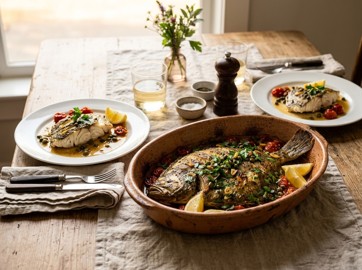 Plated rombo al forno with pan juices, capers, and wilted tomatoes alongside a glass of white wine