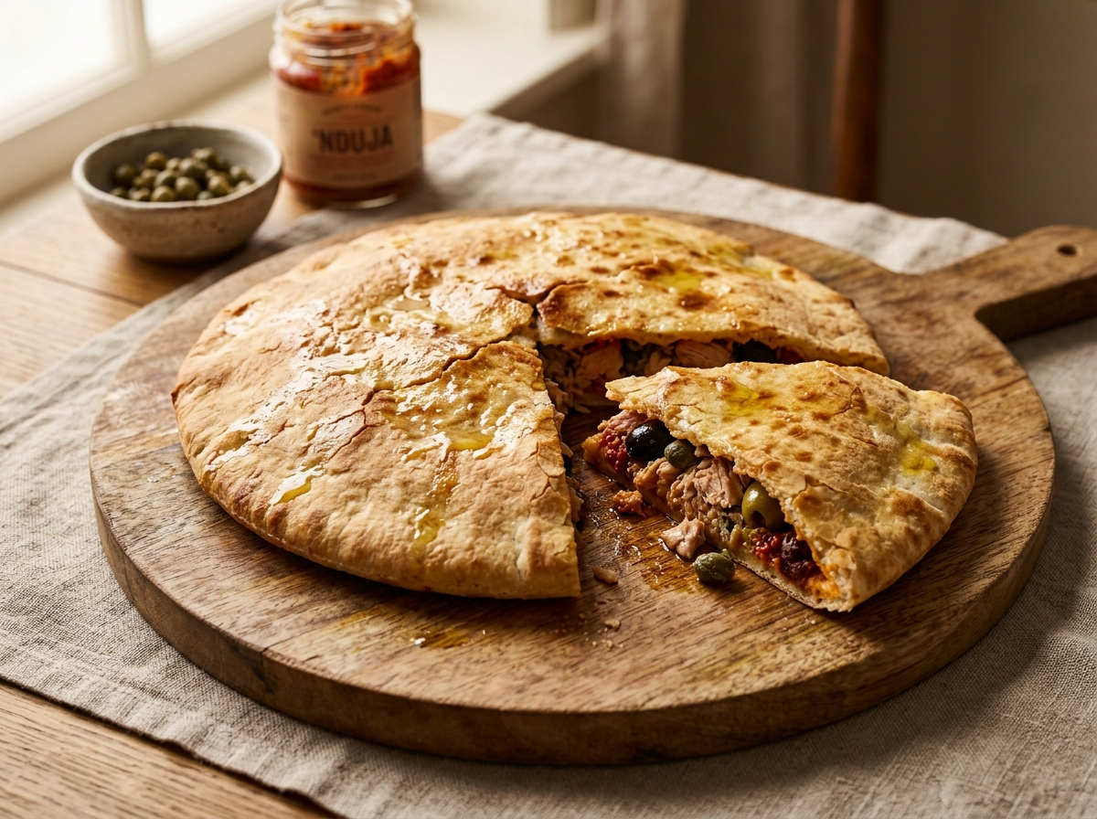 Whole pitta calabrese on a wooden board with one wedge pulled open to reveal tuna, olive, and nduja filling