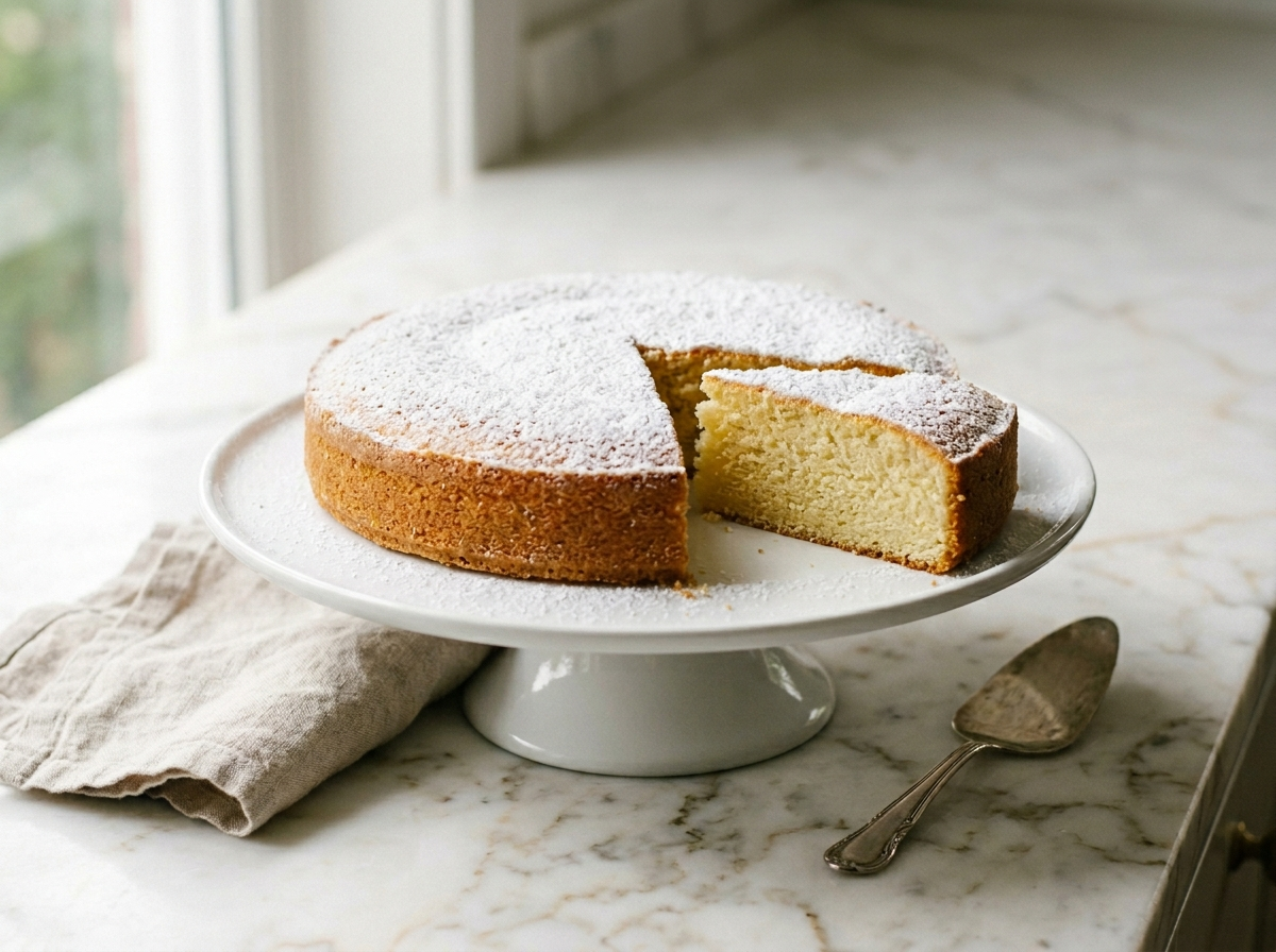 Whole torta paradiso on a cake stand dusted with powdered sugar, one slice cut to show the fine pale crumb
