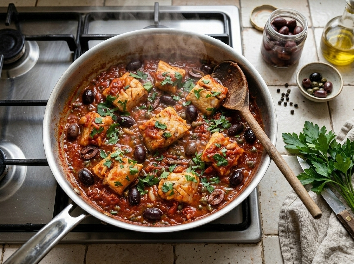 Salt cod pieces simmering in Livornese tomato sauce with olives and capers in a wide skillet