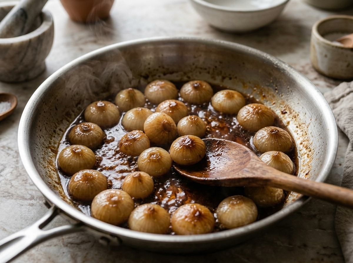Cipolline onions braising in a wide skillet as the sweet and sour glaze reduces to amber