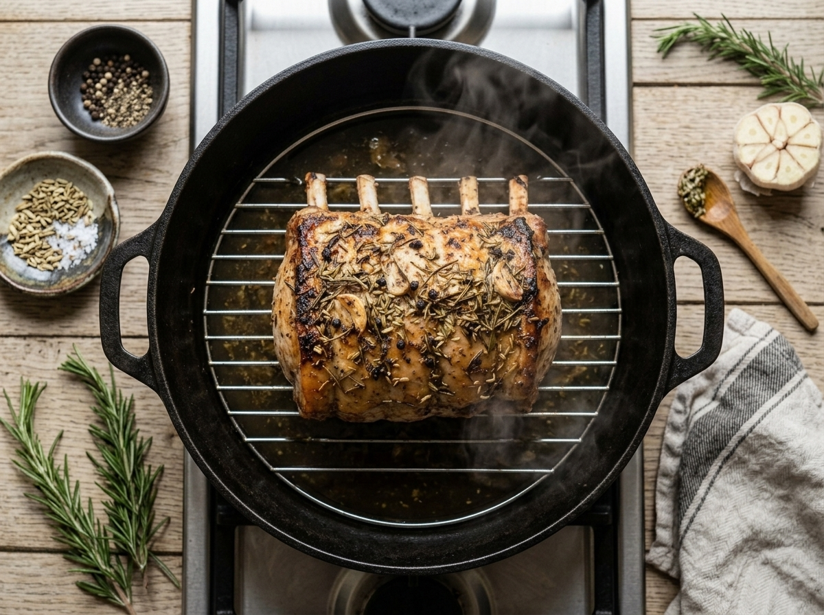 Arista di maiale in a roasting pan with rosemary and garlic herb paste pressed into scored slits before roasting