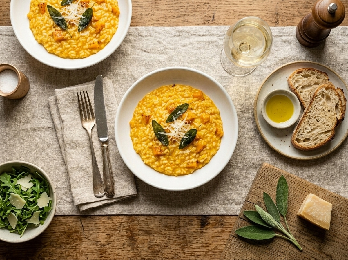 Two bowls of Italian butternut squash risotto on a linen table with a glass of white wine and fresh sage