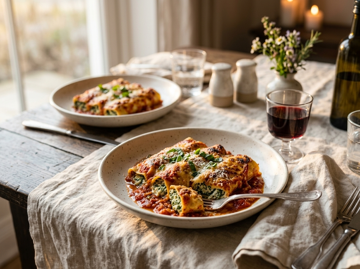 Plated cannelloni ricotta e spinaci with fork showing spinach-ricotta filling, glass of red wine alongside