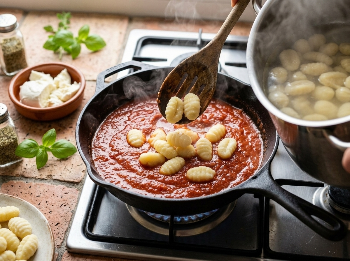 Slotted spoon transferring boiled potato gnocchi into a skillet of San Marzano tomato sauce on the stovetop
