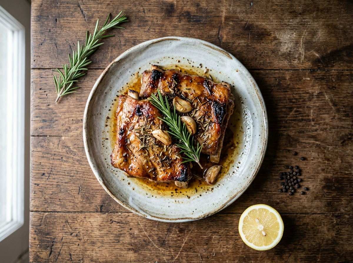 Costine di maiale al forno in a dark roasting pan with rosemary and roasted garlic, caramelized pork ribs